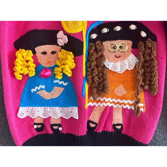 Vintage Wee Spree Girls Pink Sweater With Doll Appliqués & Balloon Design 10/12 - Picture 7 of 13